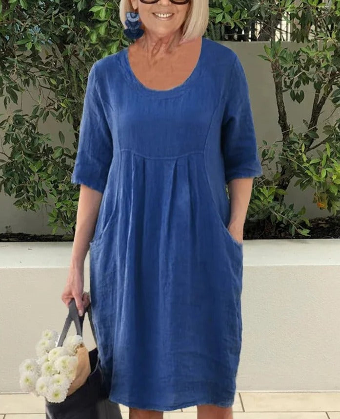 Solid Color Cotton Linen Pockets Tunic Midi Dress