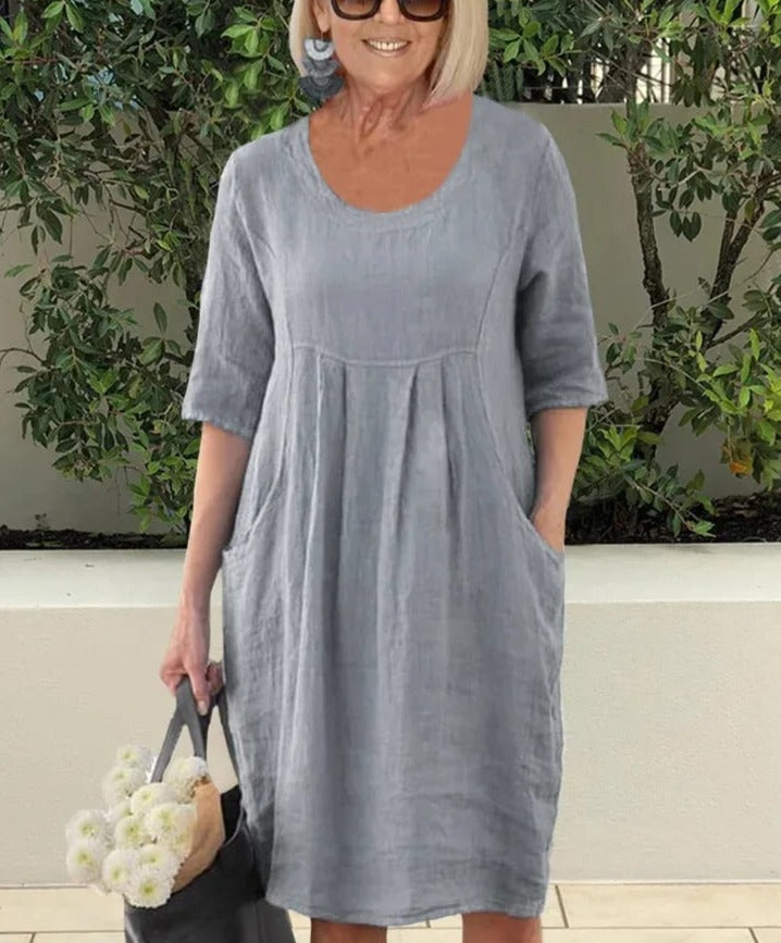 Solid Color Cotton Linen Pockets Tunic Midi Dress