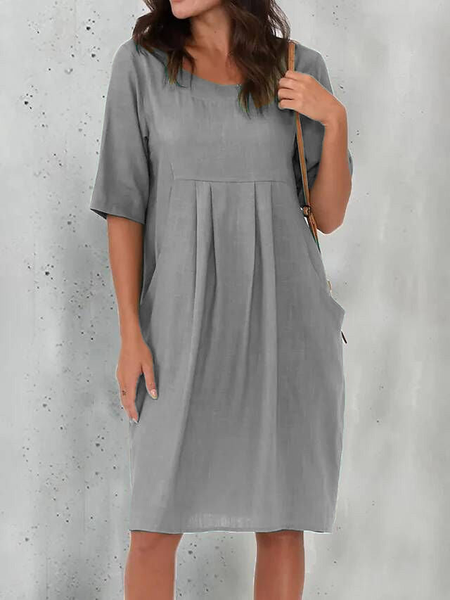 Solid Color Cotton Linen Pockets Tunic Midi Dress