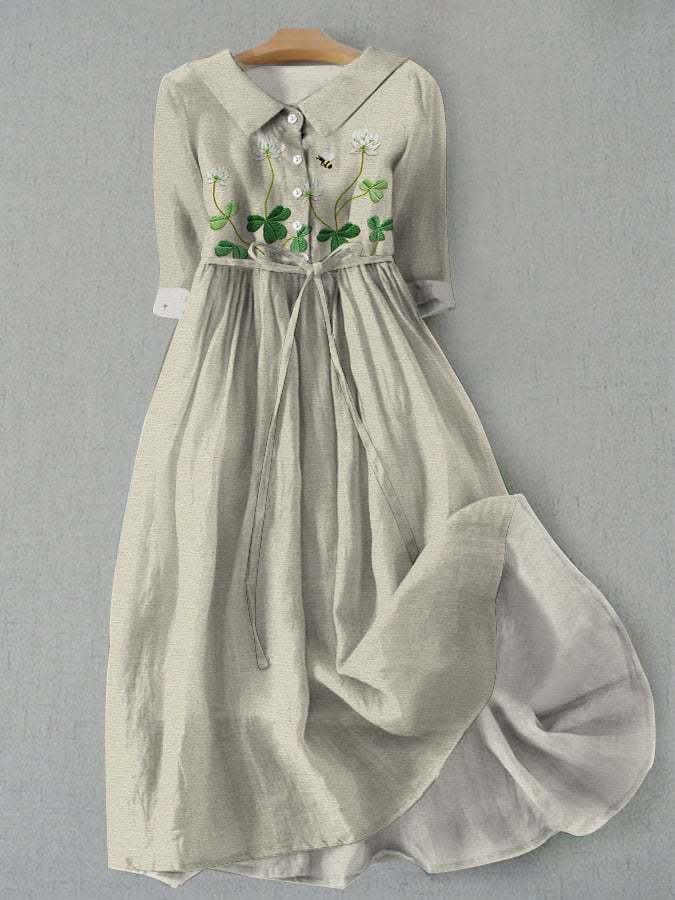 Vintage Botanical Floral Design Print Lace-Up Dress