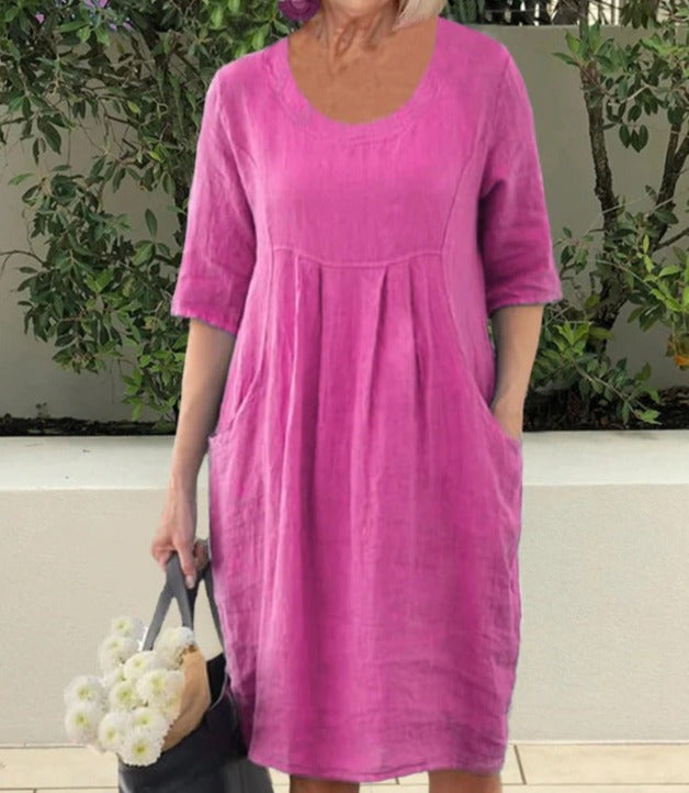 Solid Color Cotton Linen Pockets Tunic Midi Dress