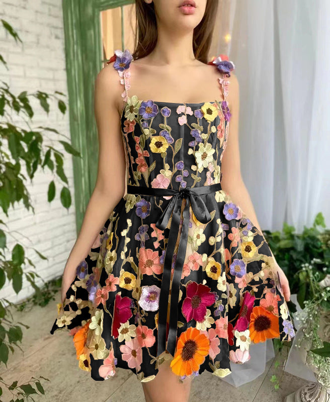 3D Flower Embroidered Suspender Dress