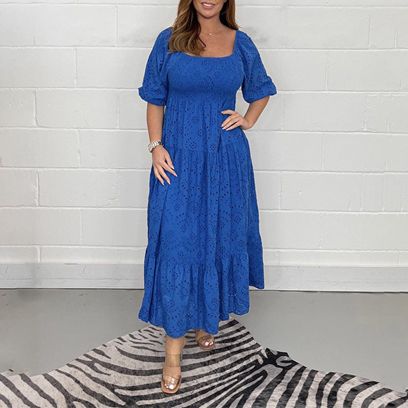 Casual Solid Color Embroider Swing Dress