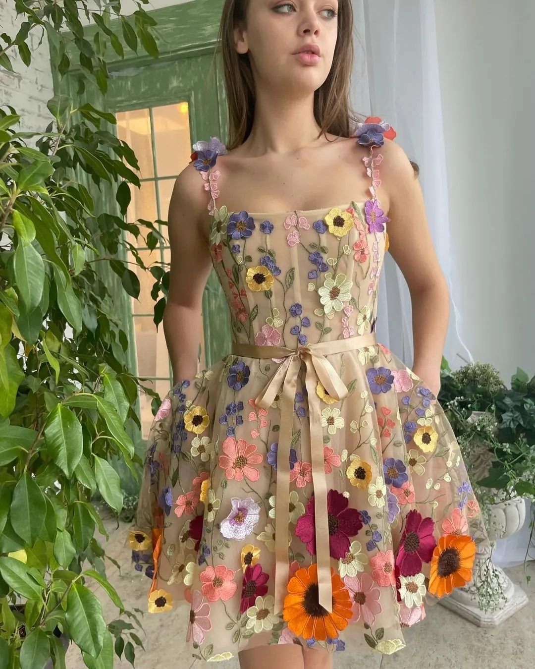 3D Flower Embroidered Suspender Dress