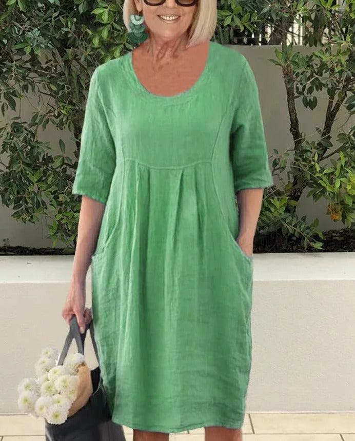 Solid Color Cotton Linen Pockets Tunic Midi Dress