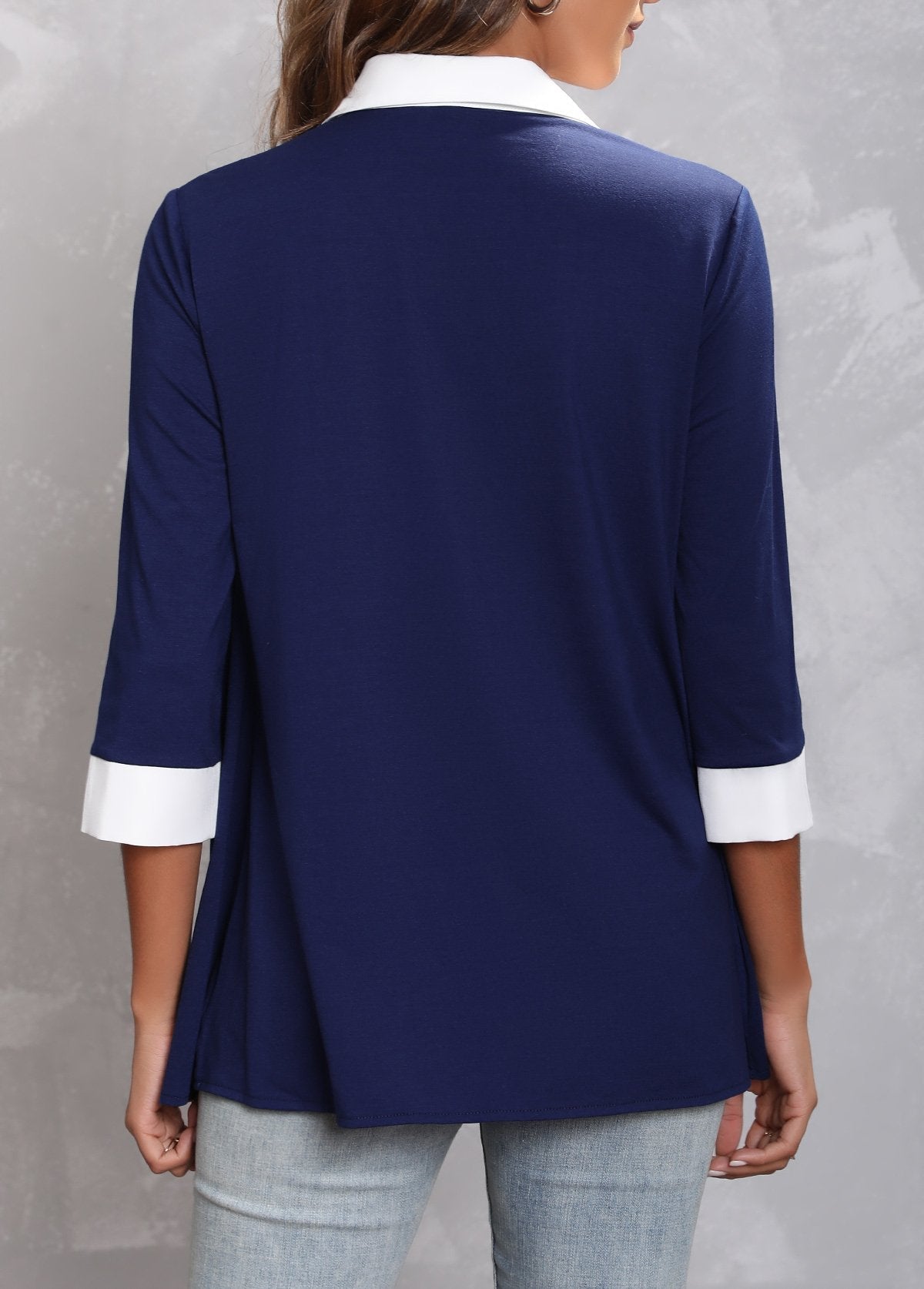 Navy Blue Faux Two Piece Turndown Collar Blouse