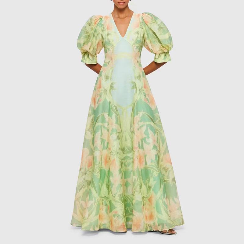 V-Neck Puff Sleeve Printed Maxi Dress