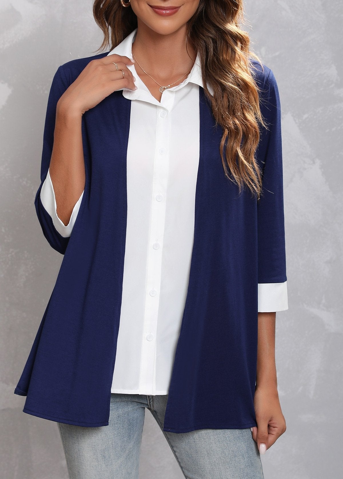 Navy Blue Faux Two Piece Turndown Collar Blouse