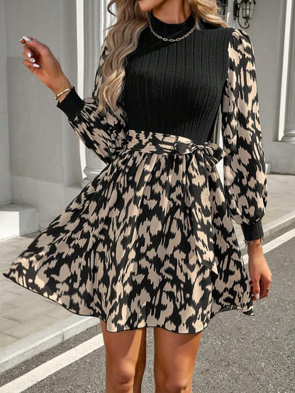 Elegant Print Round Neck Mini Dress