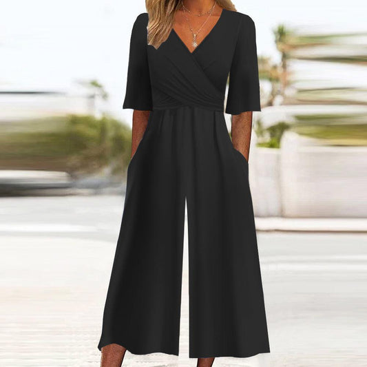 Black Plain Half Sleeve Side Pocket Jumpsuit