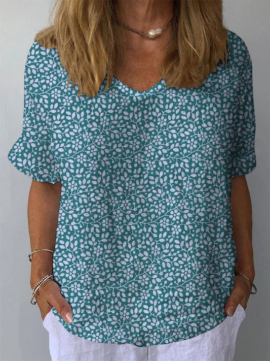 Women's Retro Floral Casual V-Neck Cotton And Linen Top