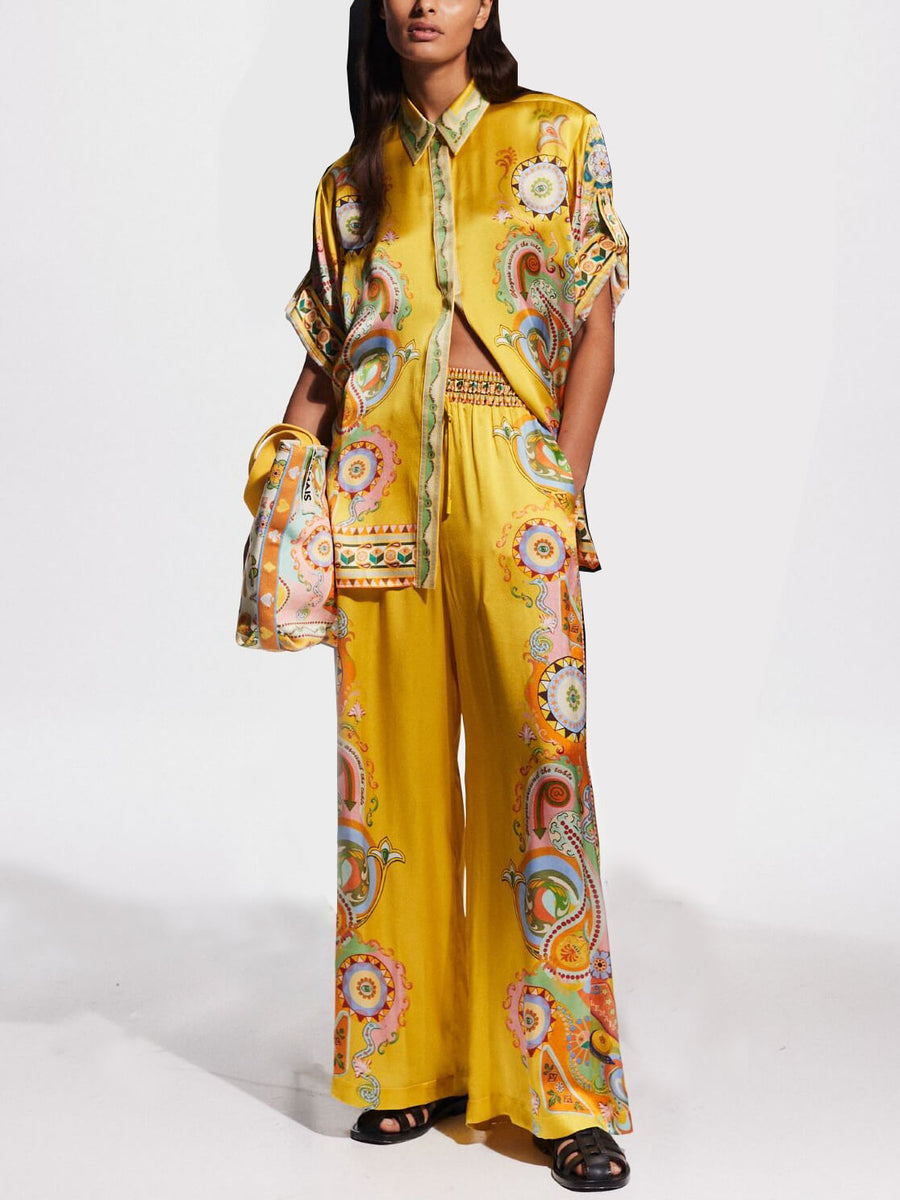 Sophisticated Satin Unique Cashew Flower Oversized Shirt and Pants Suit