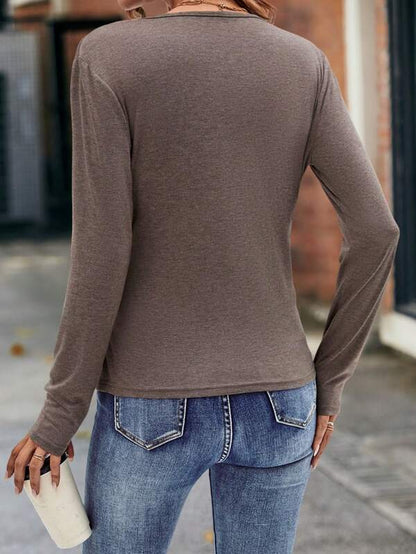 Brown Plain Long Sleeve V-Neck Top