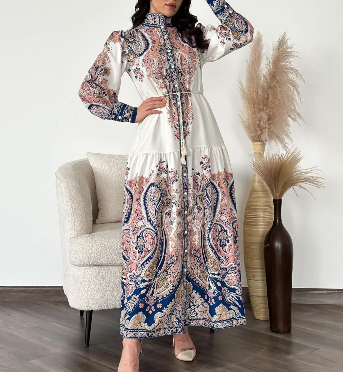 Stand Collar Buttoned Vintage Print Maxi Dress