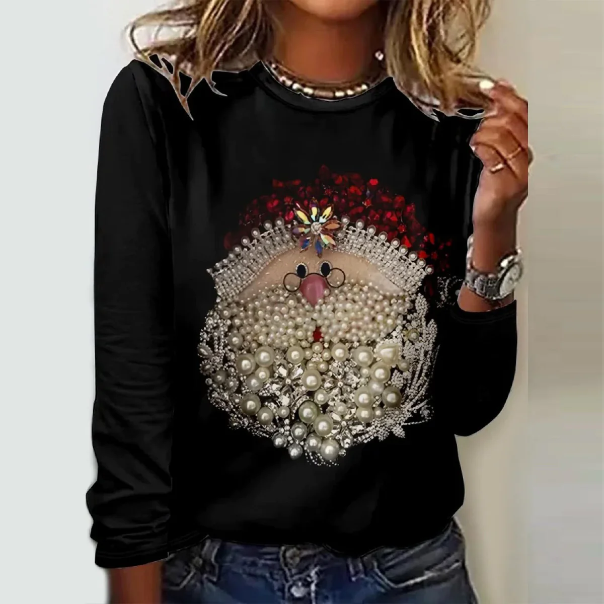 Black Round Neck Long Sleeve Top