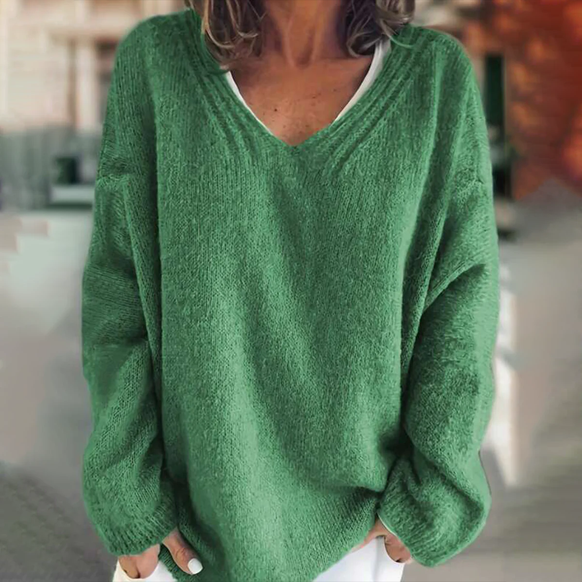 Green Plain V-Neck Sweater