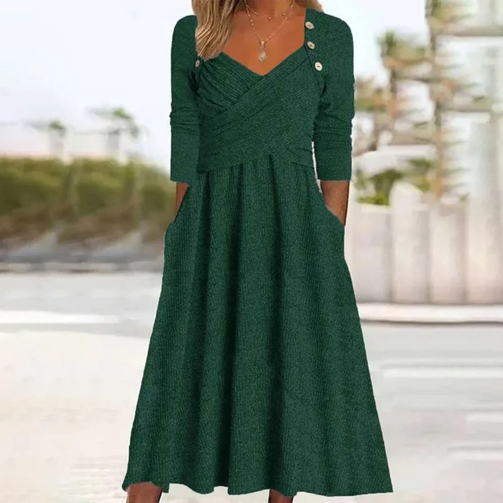 Cozy Plain Long Sleeve Midi Dress