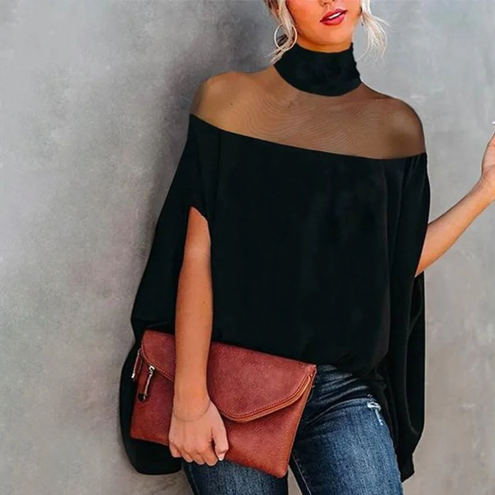 High Neck Sheer Asymmetrical Cape Top