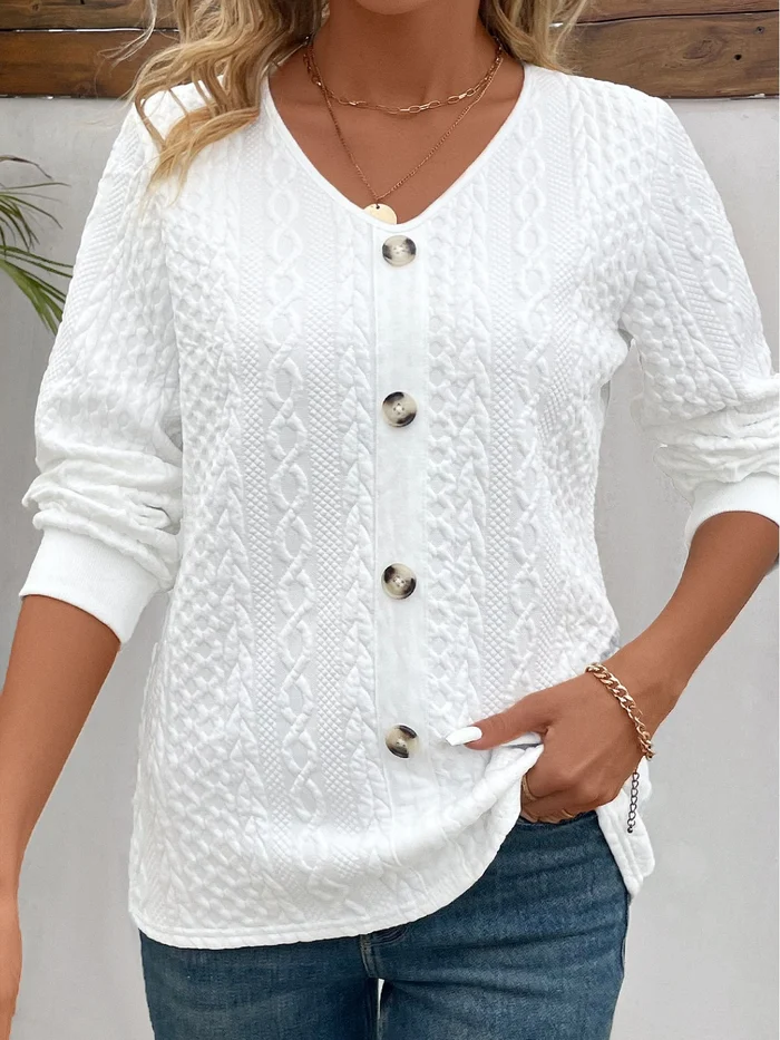 Button V Neck Long Sleeve Sweatshirt