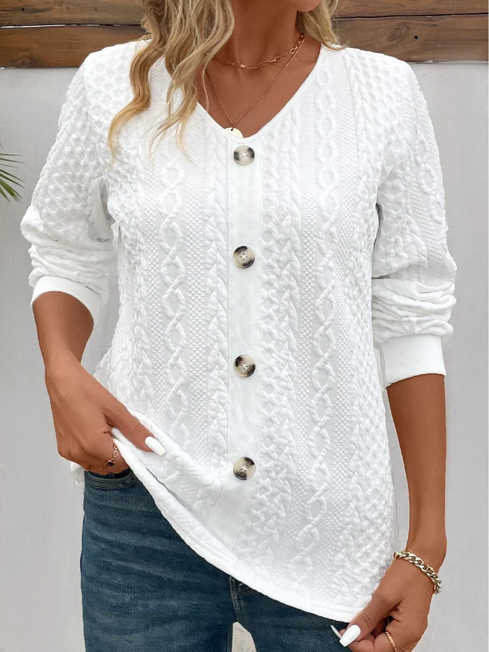 Button V Neck Long Sleeve Sweatshirt