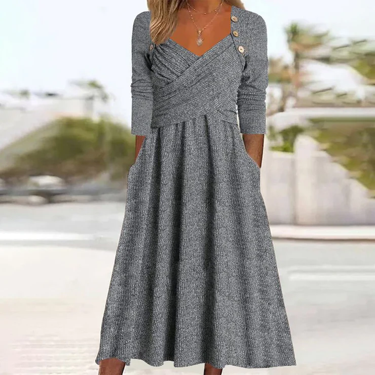 Cozy Plain Long Sleeve Midi Dress