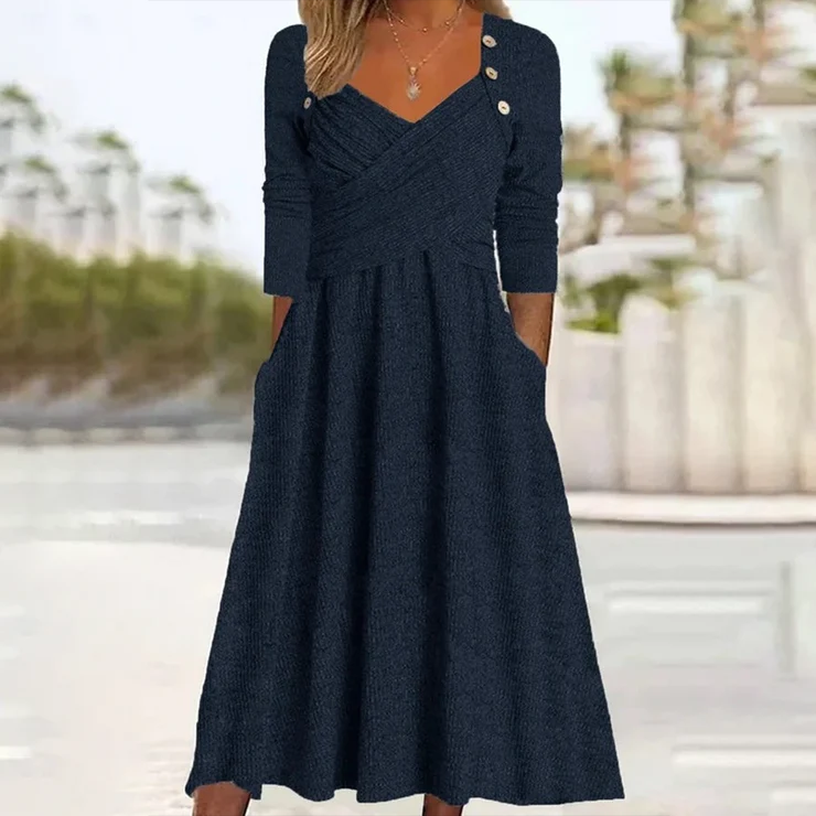 Cozy Plain Long Sleeve Midi Dress