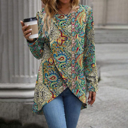 Green Print Round Neck Top