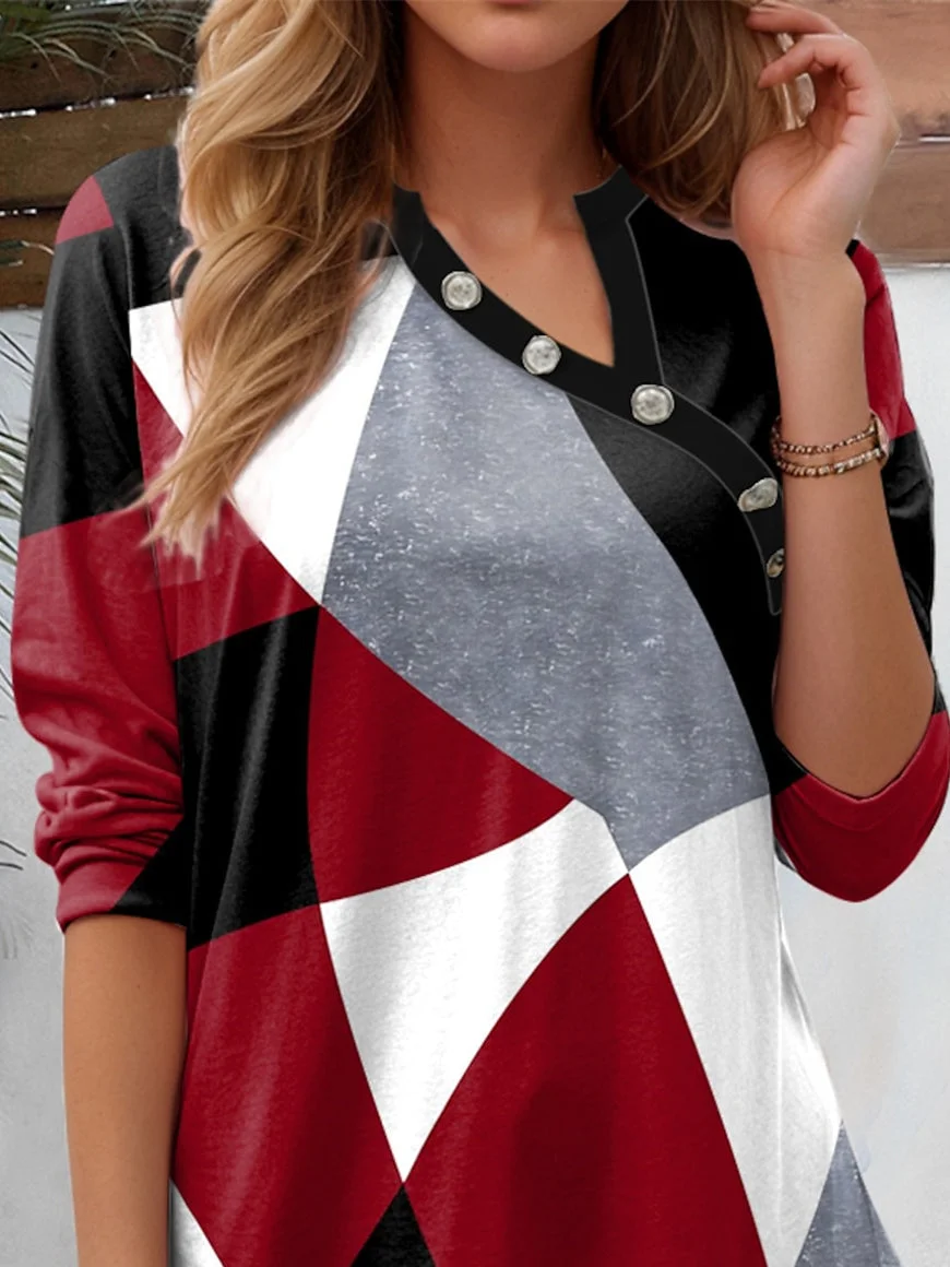 Long Sleeve V-neck Colorblock Graphic Printed Top