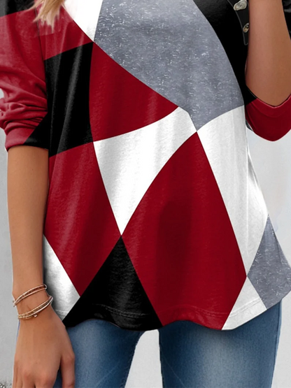 Long Sleeve V-neck Colorblock Graphic Printed Top