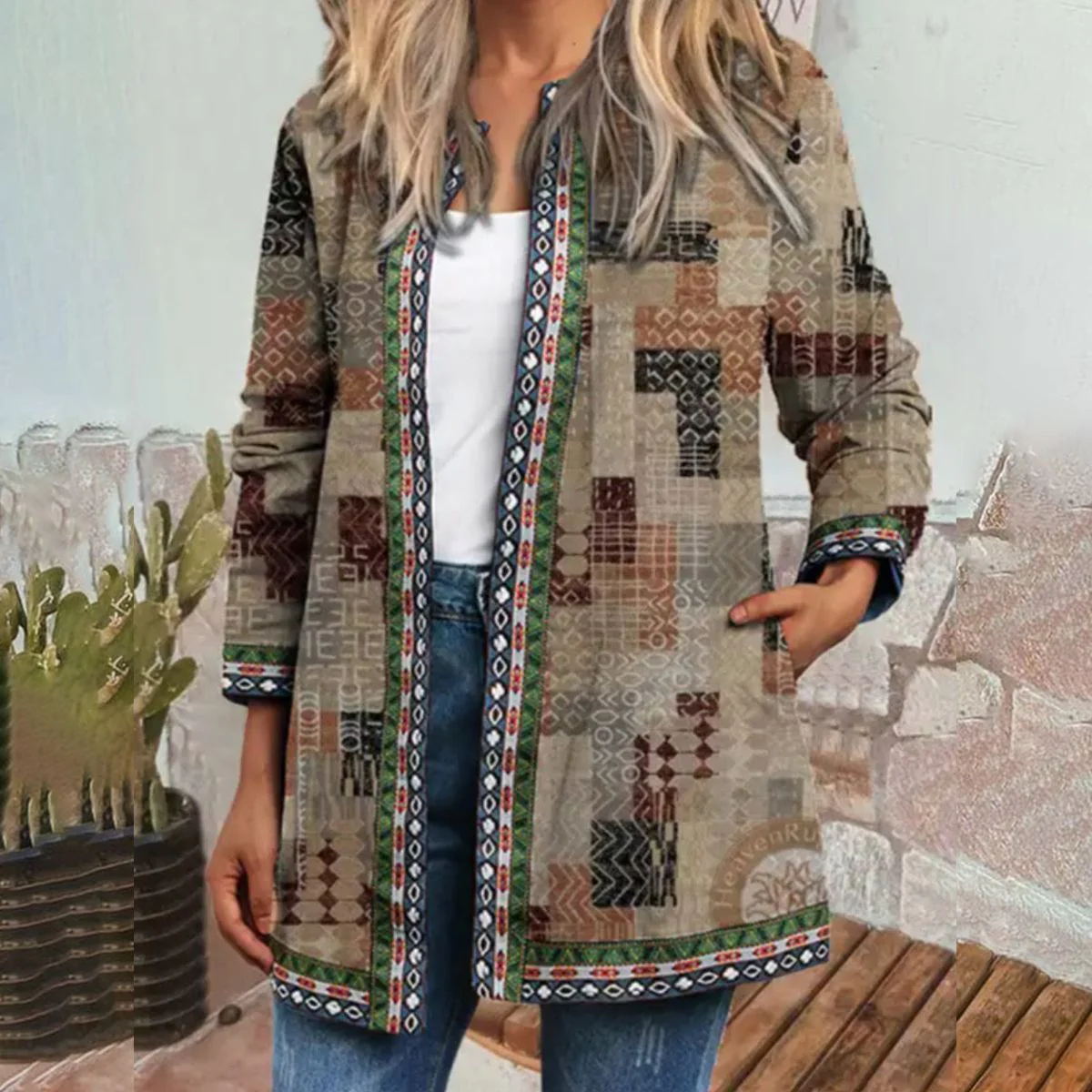 Coffee Print Collarless Outerwear