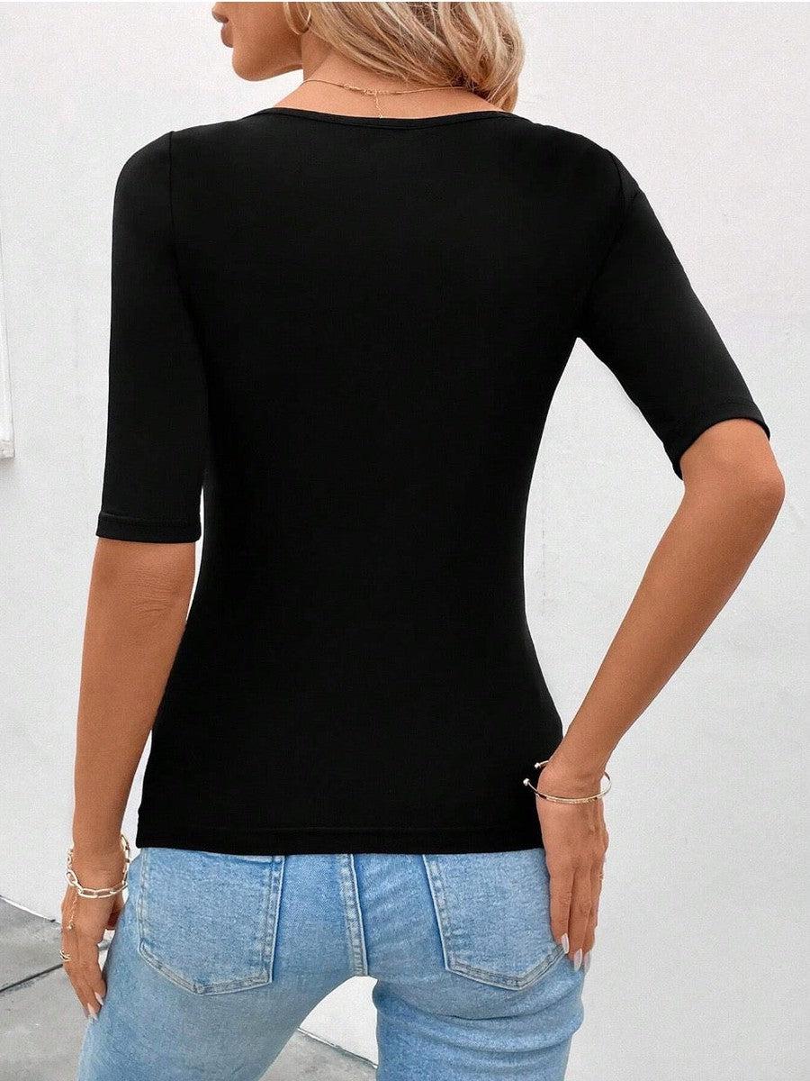 Chic Neck Plain Short Sleeve Top