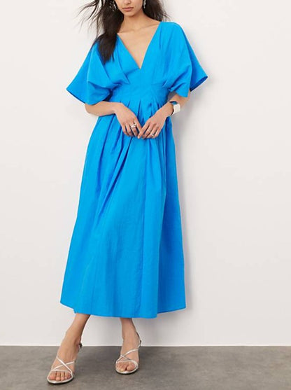 Antibes Linen Blend Princess Line Pleated Wide Puff Sleeve Midi Dress