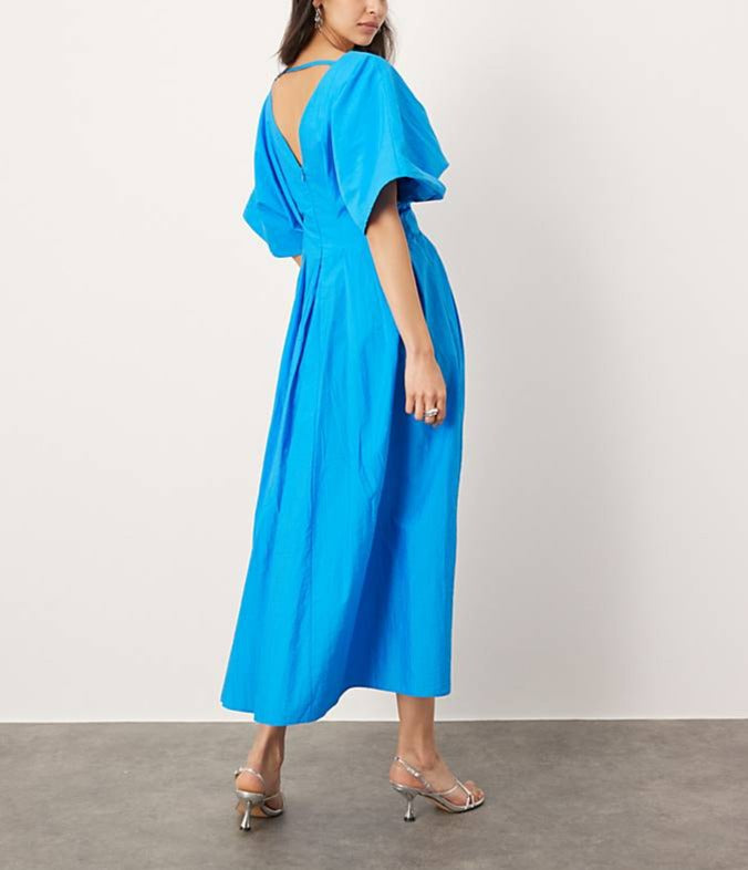 Antibes Linen Blend Princess Line Pleated Wide Puff Sleeve Midi Dress