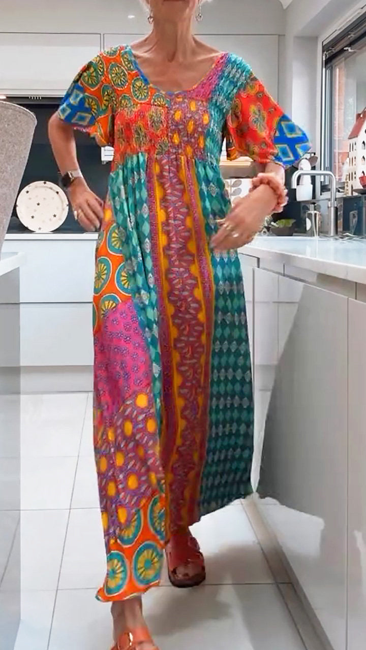 Women's Summer Bohemian Print Dress V Neck Maxi Dress