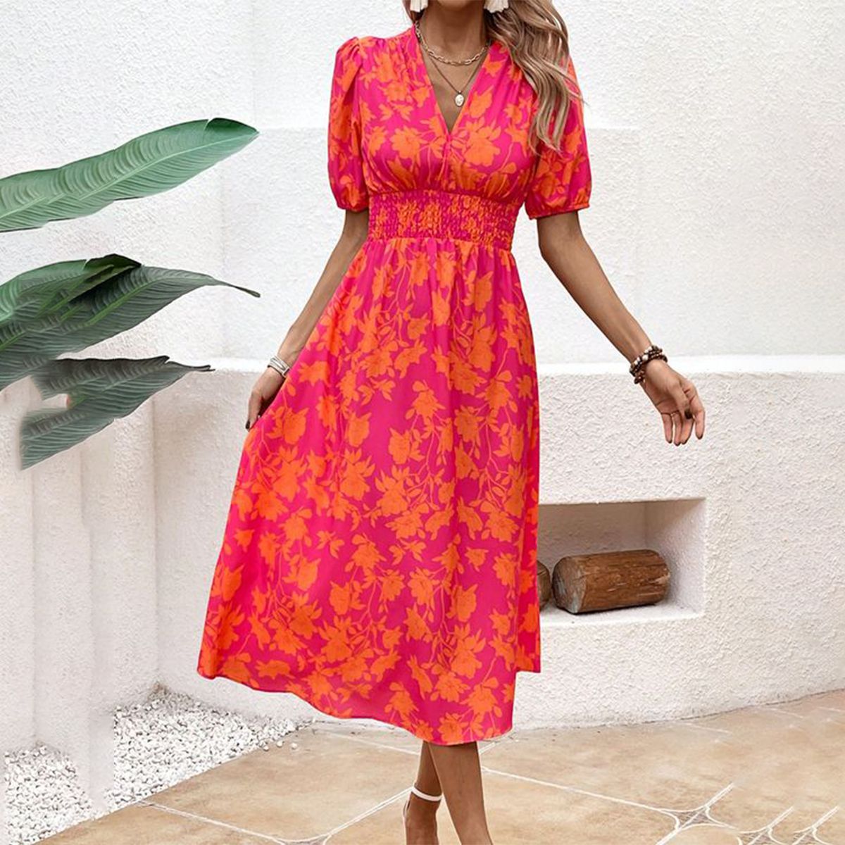 Elegant Pink Short Sleeve Maxi Dress