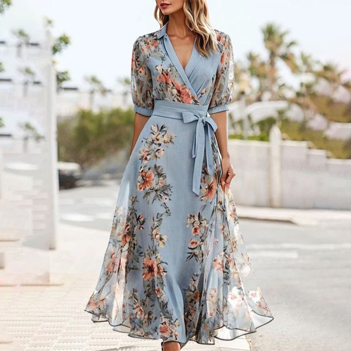 Blue V-Neck Short Sleeve Midi Dress