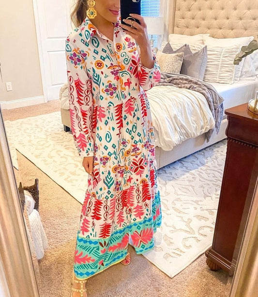 Fresh Print Long Sleeve Midi Dress