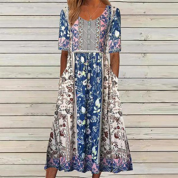 Groovy Blue Round Neck Midi Dress