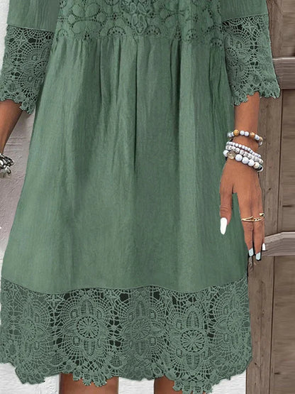 Women's 3/4 Sleeve V-neck Solid Color Lace Midi Dress