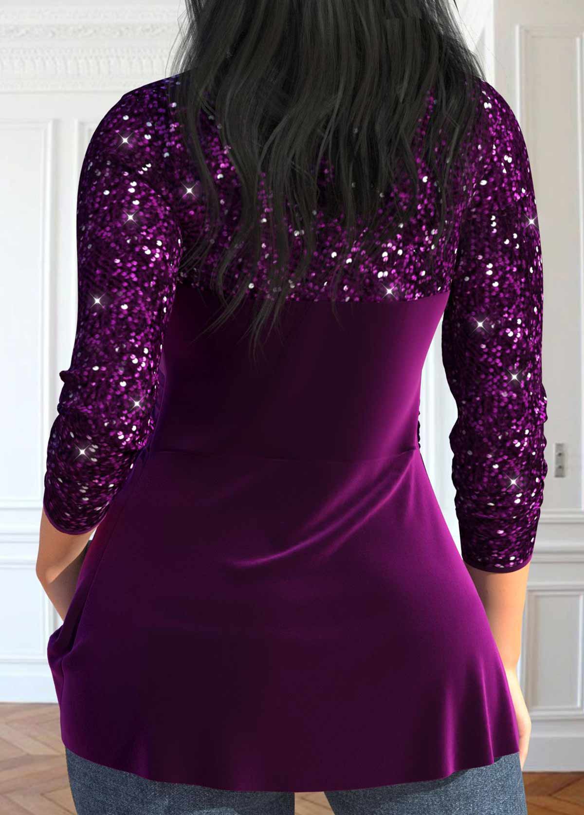 Sequin Long Sleeve V Neck Top