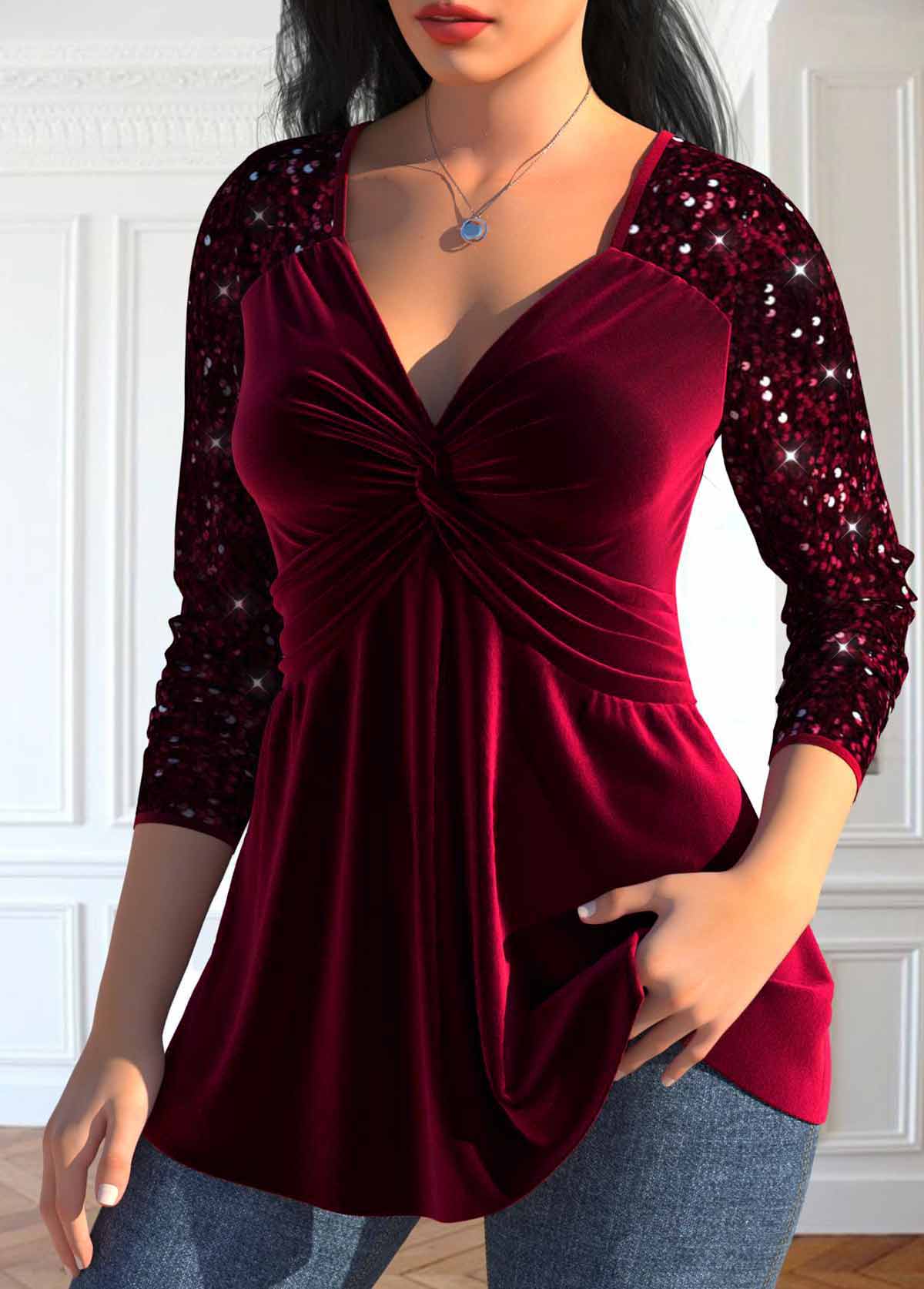 Sequin Long Sleeve V Neck Top