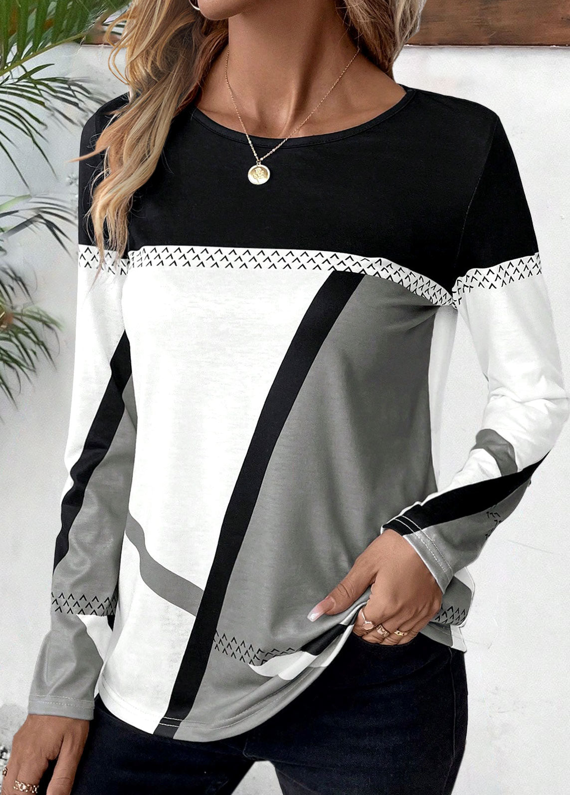 Patchwork Geometric Print Long Sleeve Top