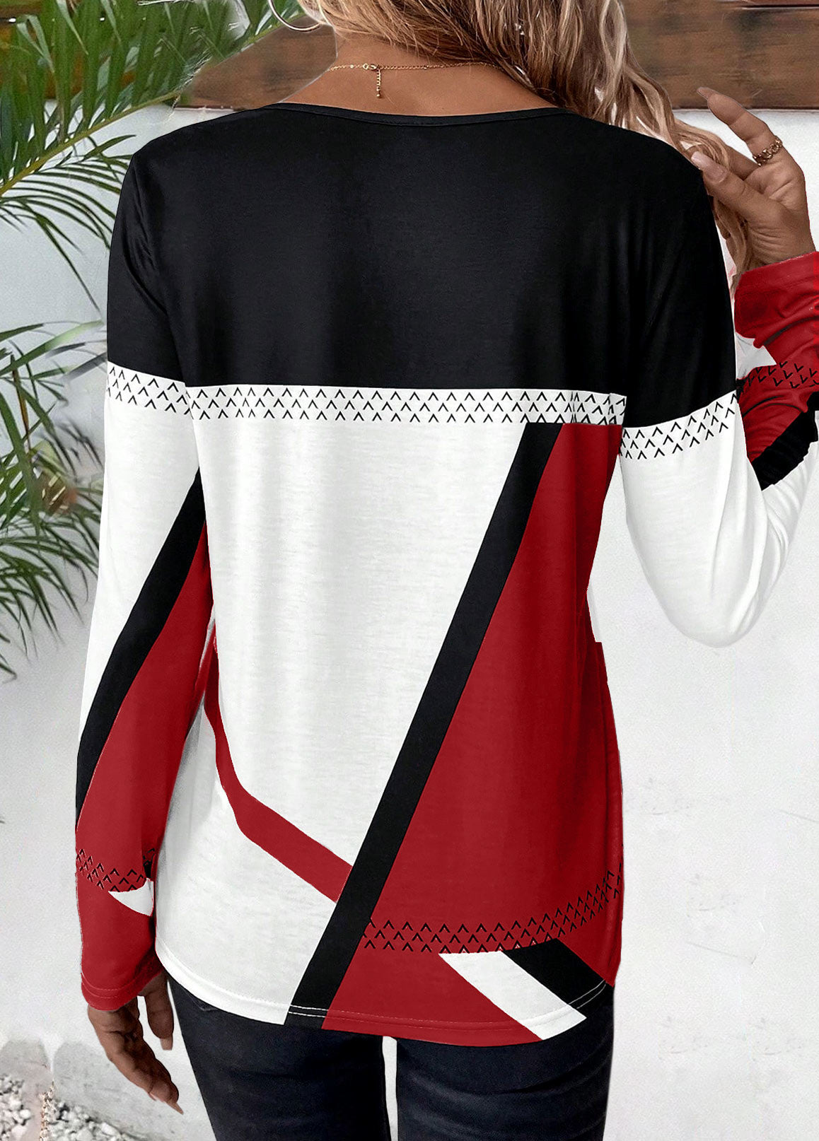 Patchwork Geometric Print Long Sleeve Top