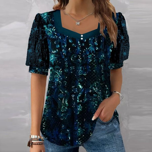 V-neck Blue Printed Sequins Stitching Top