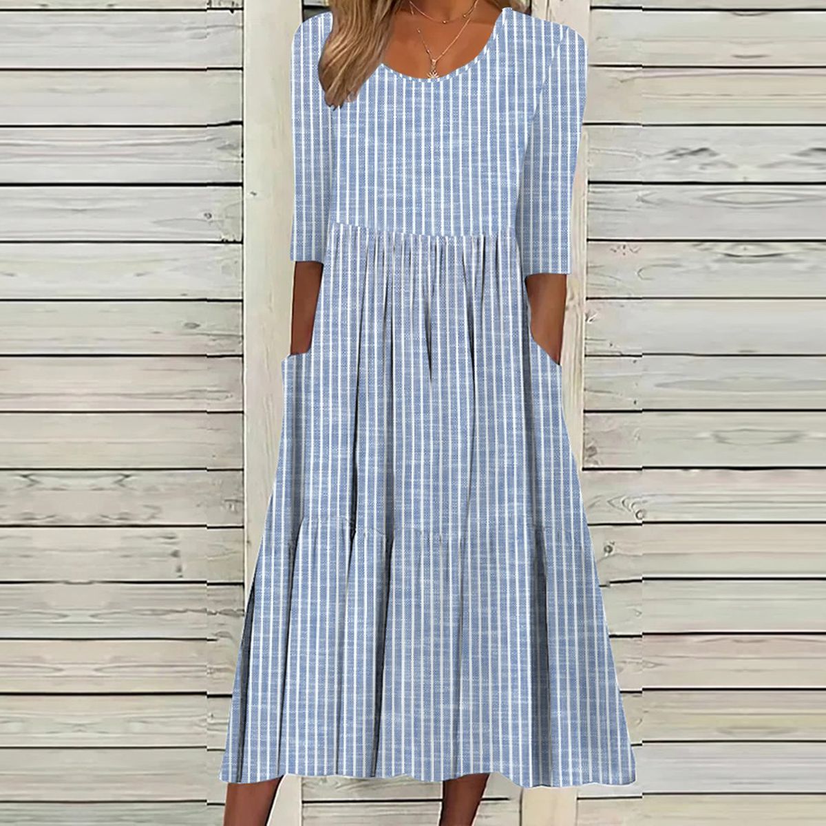 Unique Blue Striped Half Sleeve Midi Dress