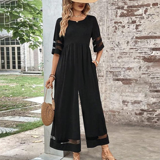 Cool Black Plain Sheer Sleeve Side Pocket Jumpsuit