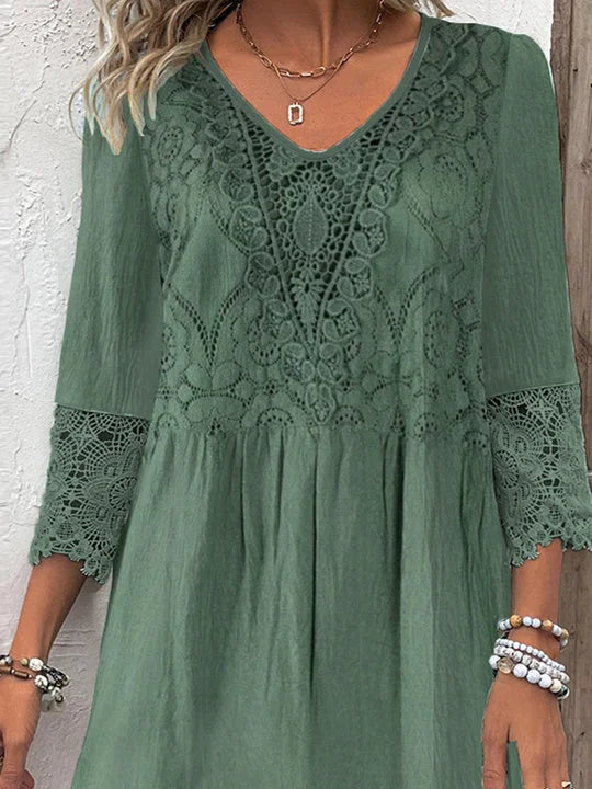 Women's 3/4 Sleeve V-neck Solid Color Lace Midi Dress