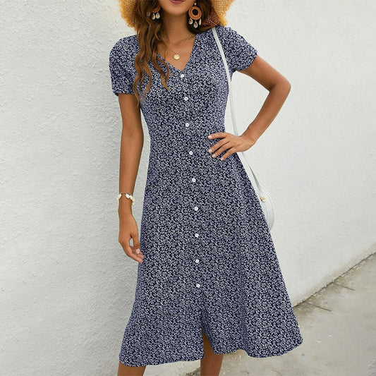 Navy Short Sleeve V-Neck Midi Dress