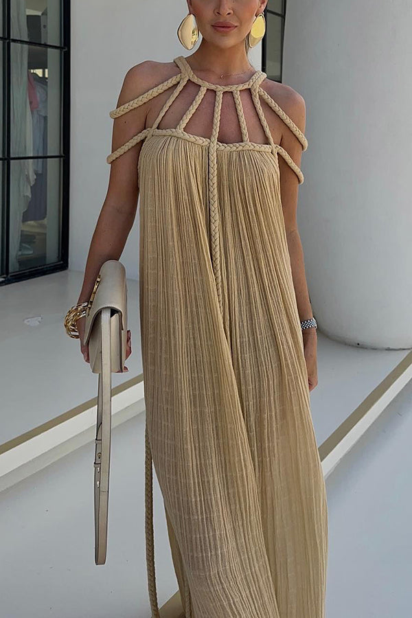 Modern And Sophisticated Linen Blend Draped Braids Cover Up Maxi Dress