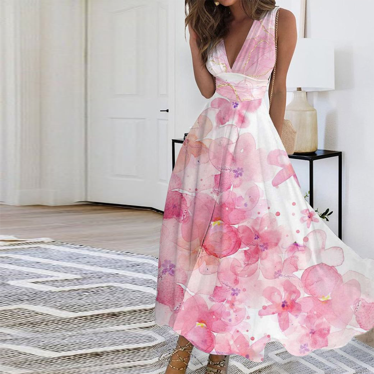 Sweet Floral Print Sleeveless Midi Dress